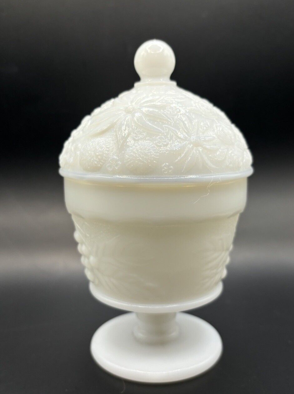 Vintage 1960\'s Avon White Milk Glass Floral Daisies Footed Trinket Vanity Jar