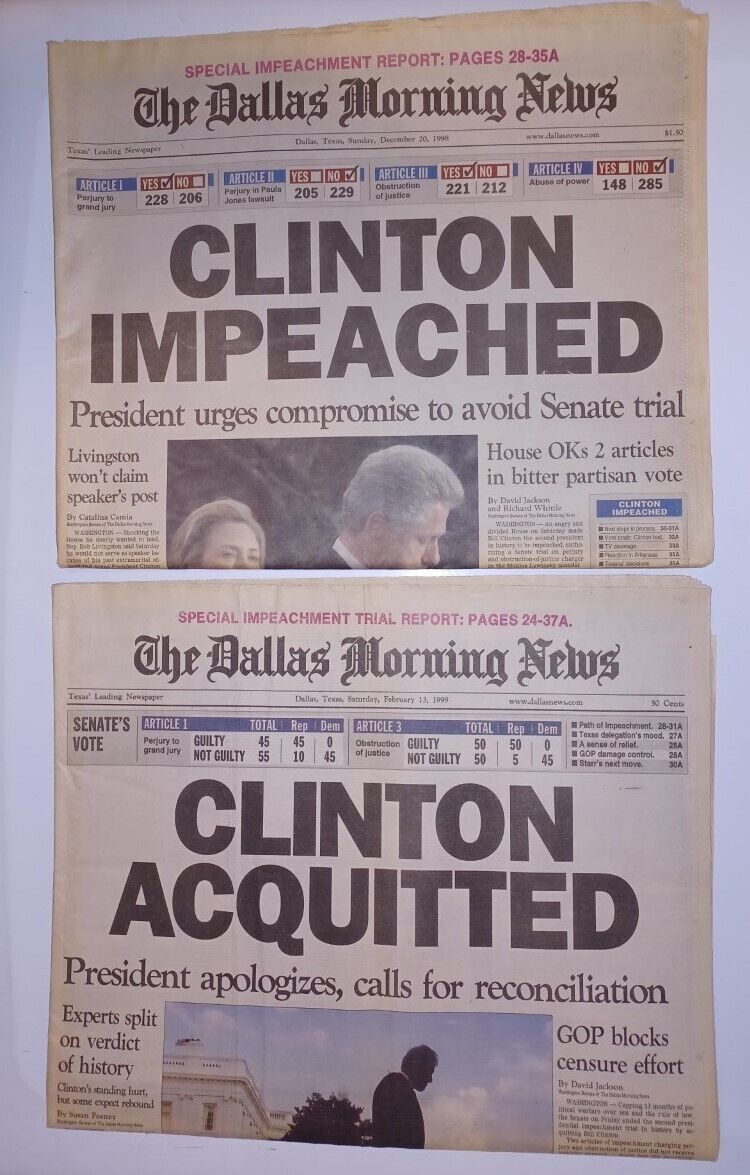 The Dallas Morning News Clinton Impeached & Acquitted  12-20-1998  02-13-1999