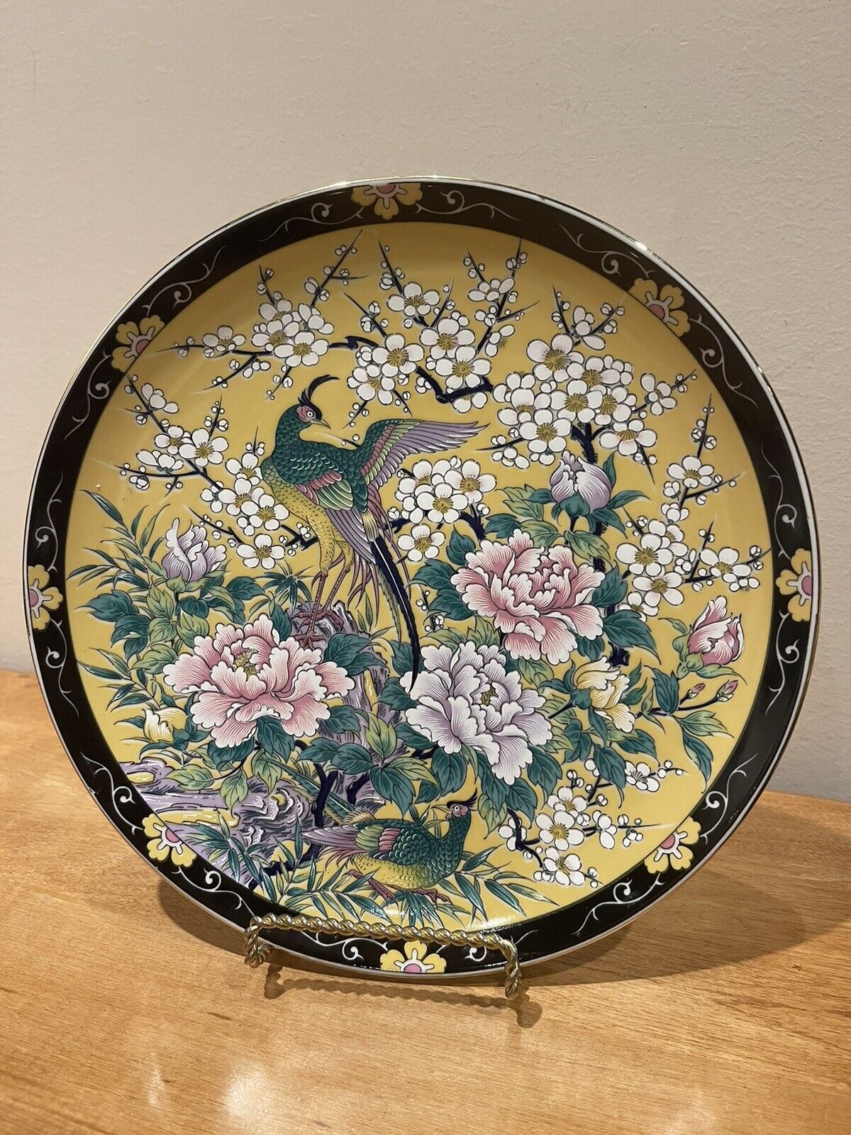 Peacock in Flowers 10” Plate, Yellow Edge, Marked, Japan, Eiwa Kinsey? Arita?