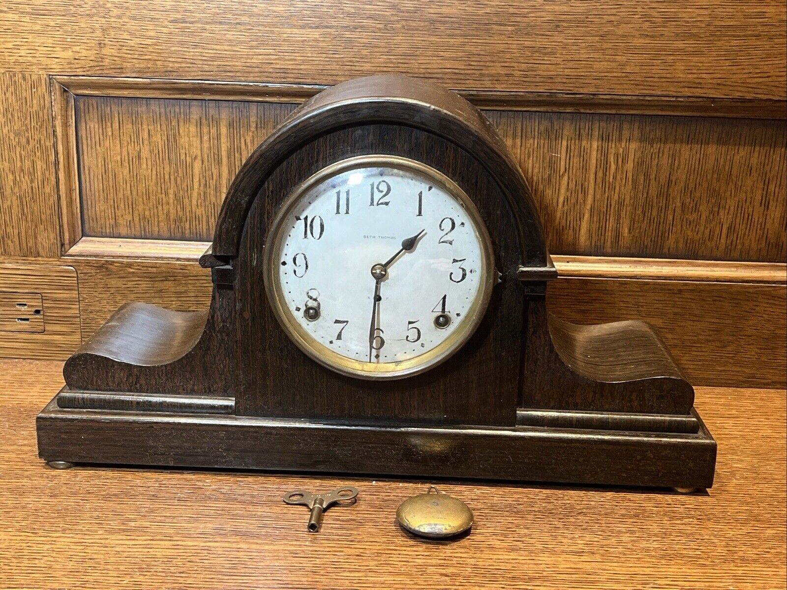 Antique 1920's Seth Thomas Alto Tambour Camel Back Mantel Clock Adamantine Wood