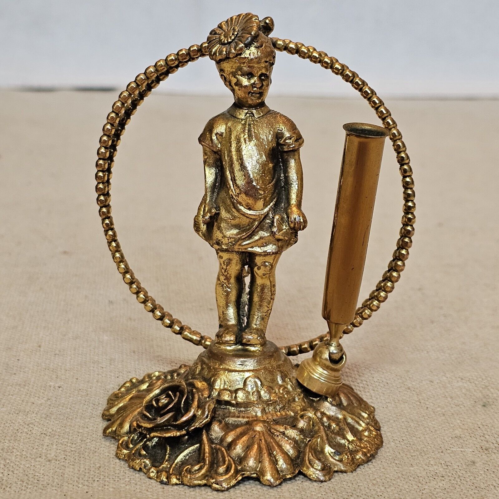 Antique Brass Victorian Girl Large Flower In Hair Fountain Pen Ink Well Holder