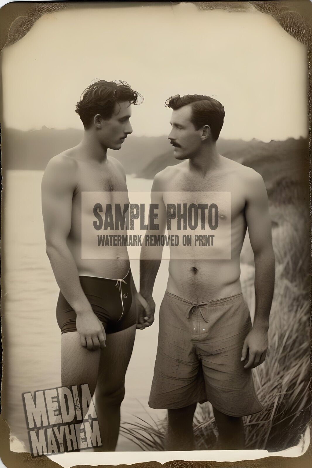Two Rugged Young Men Shirtless Beach Bulge Print 4x6 Gay Interest Photo #101