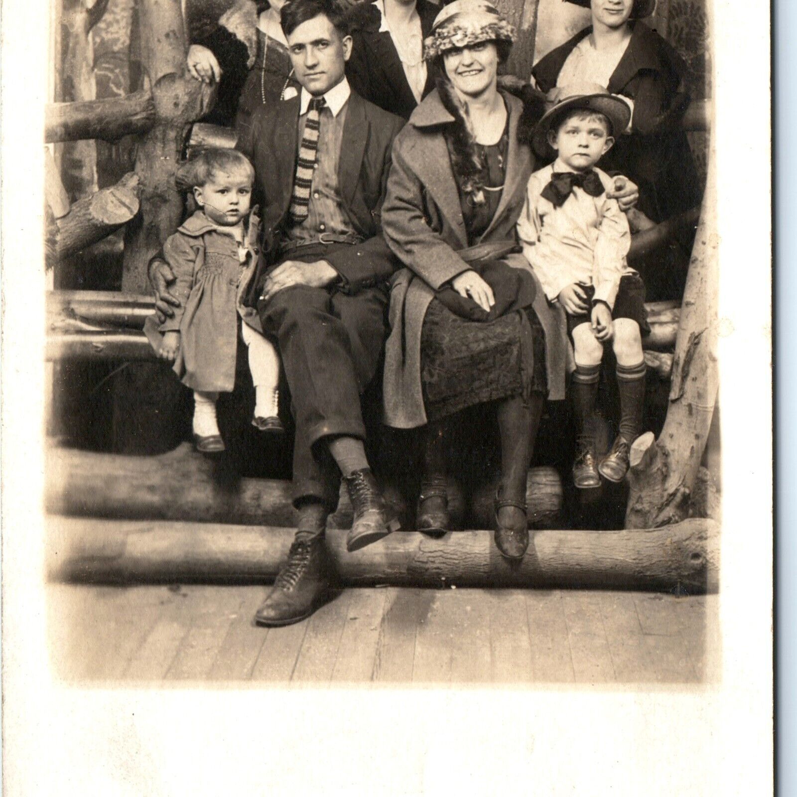 c1910s Lovely Family RPPC One Man Women Smile Little Boys Real Photo Logs A160