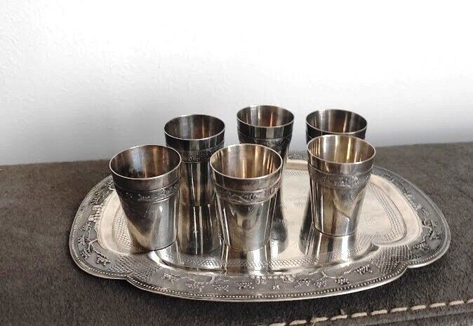 Antique Set of 6 Vintage Silver Cups w/tray  Vietnam VH 900 Mid Sent Kiddush