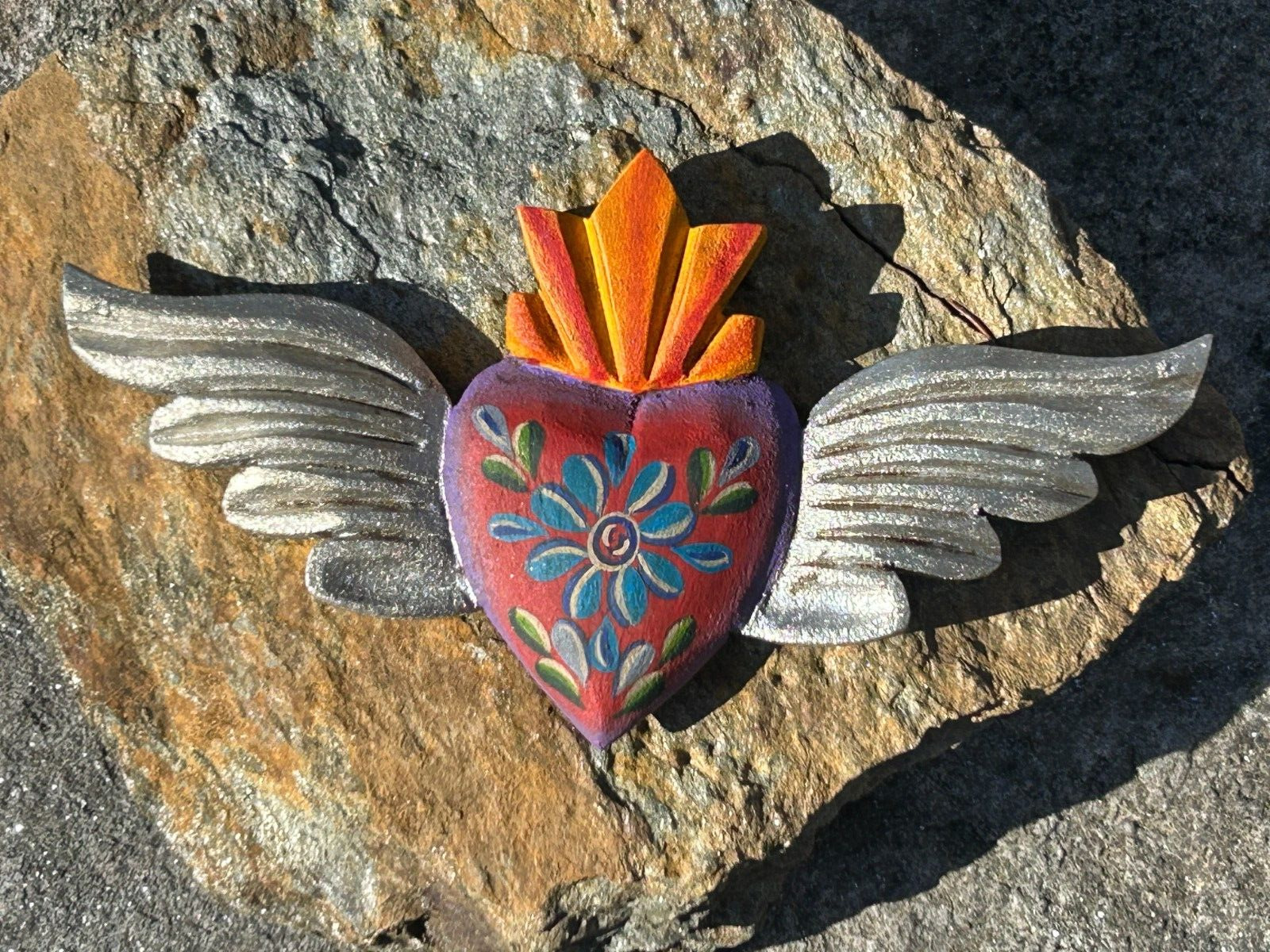 Wood Heart w/ Wings 3D Mexico Handmade Painted Sacred Heart 10\
