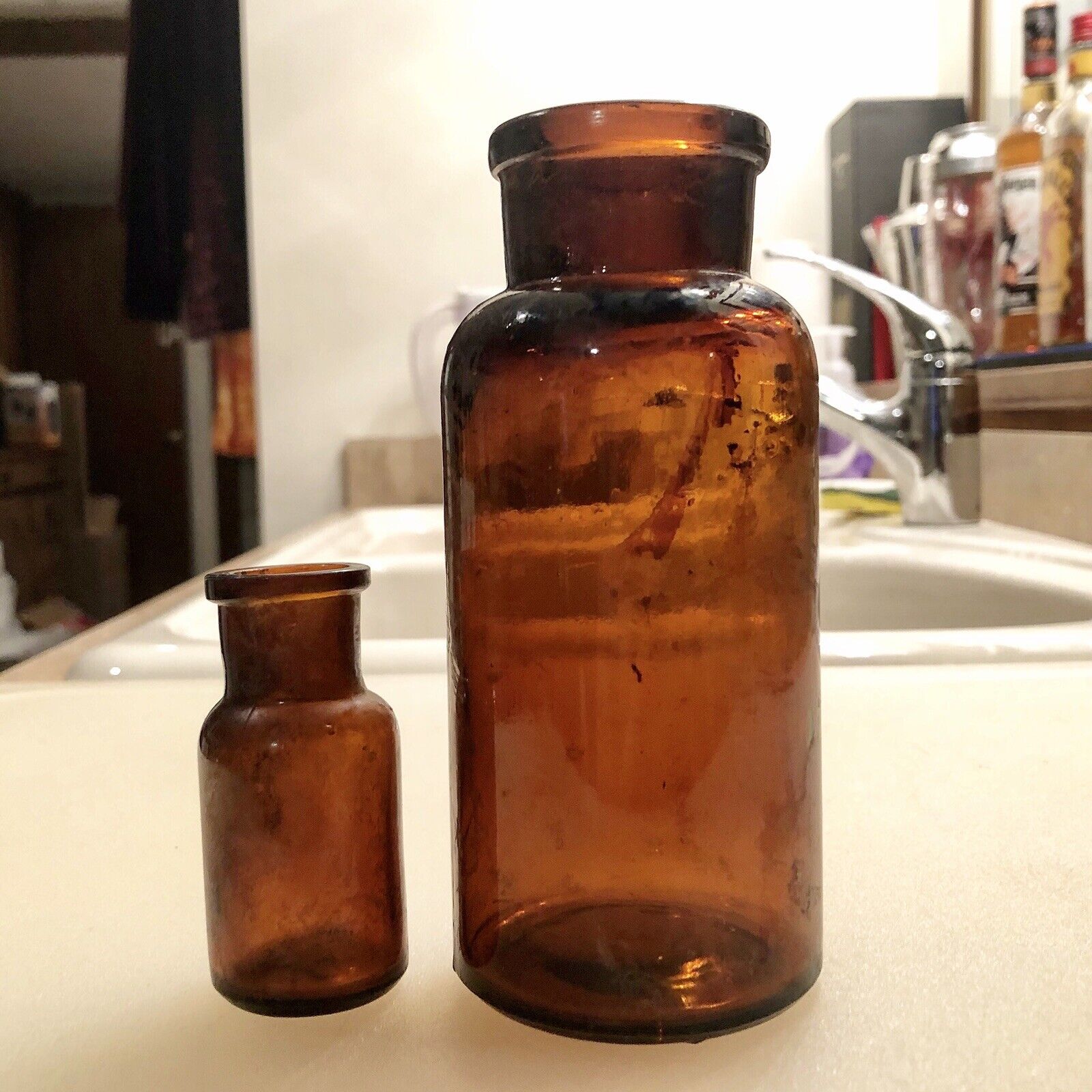 Pair Diff Size Blown Amber Cylindrical Apothecary Type Medicine Bottles Cork Top