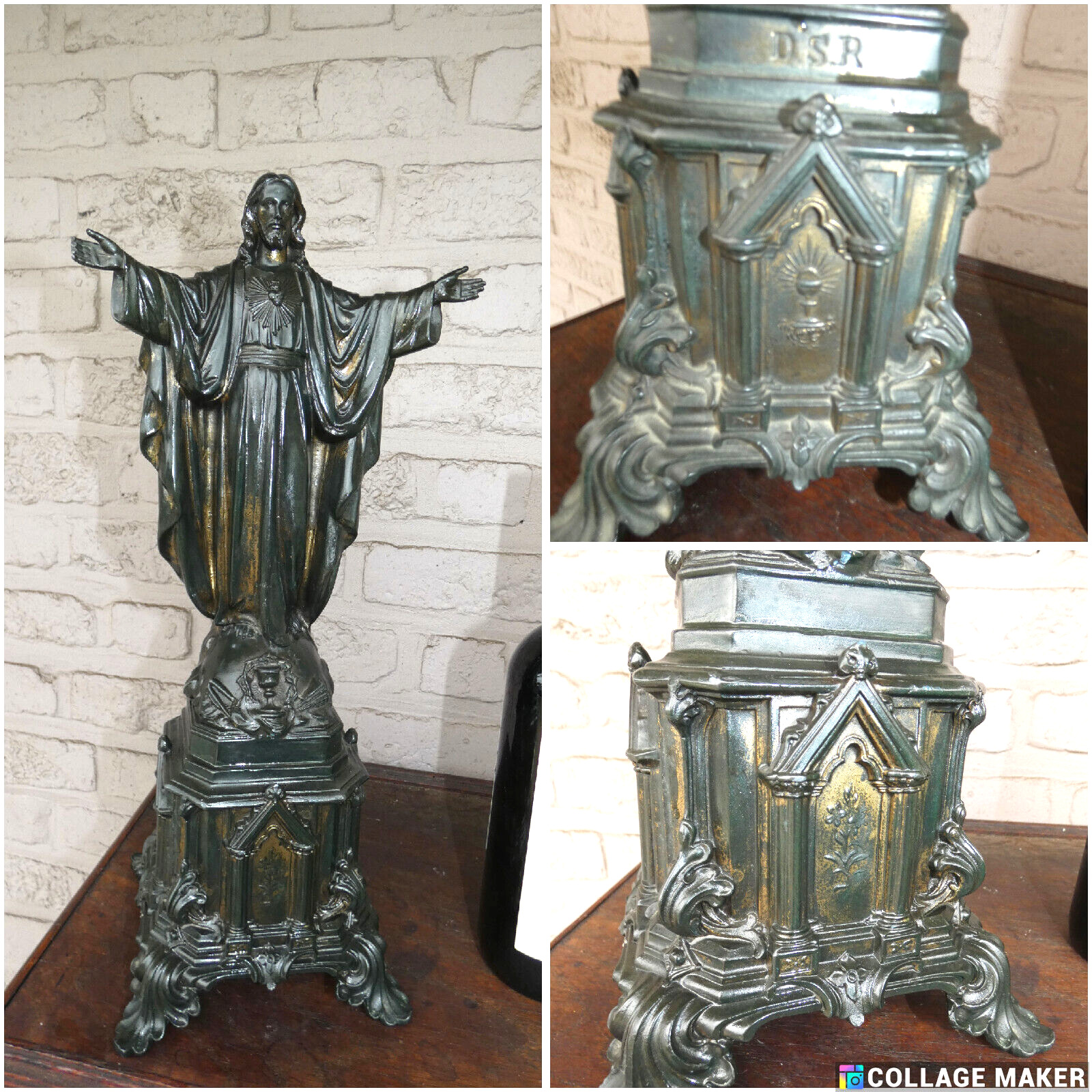 Large Antique marked Spelter bronze patina Jesus christ statue neo gothic base