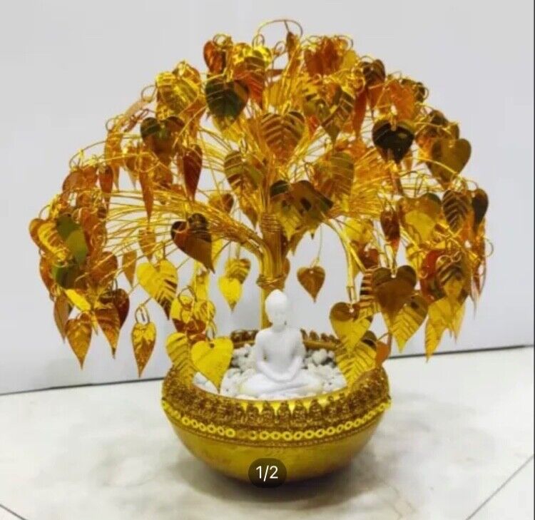 Polygon Gold Handcrafted Polymarble Meditation/Lord Budhdha Statue Gold Boo Tree