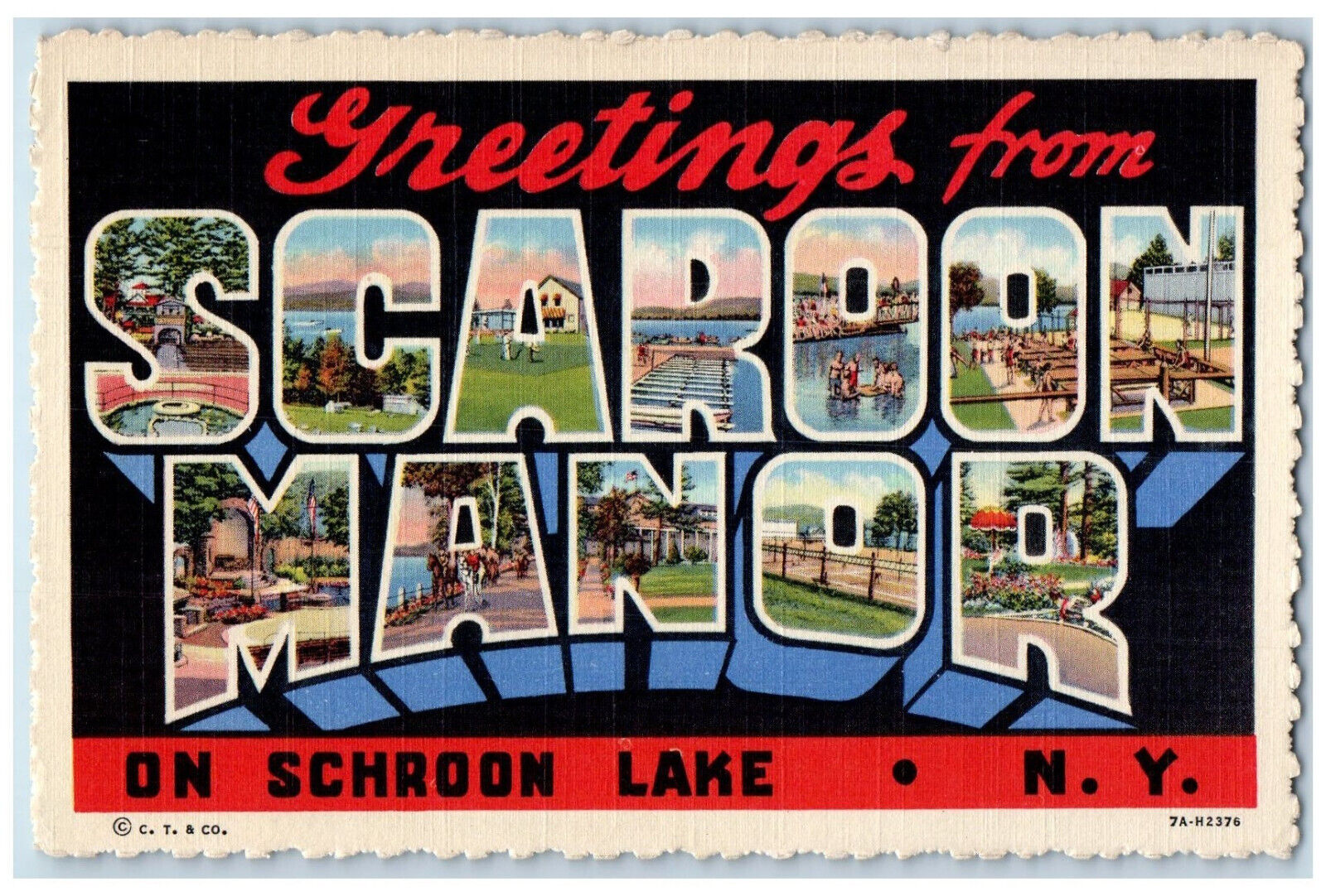 c1940's Greetings from Scaroon On Shroon Lake Manor NY Large Letter Postcard