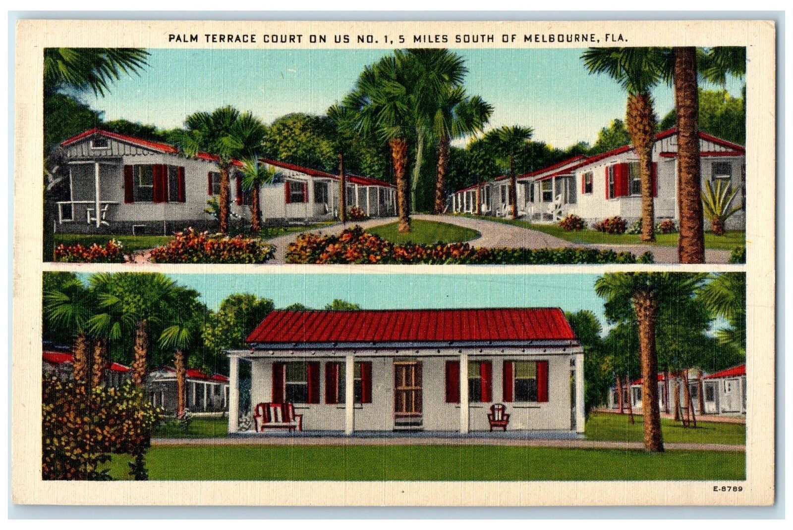 c1940\'s Palm Terrace Court Exterior Roadside Melbourne Florida FL Trees Postcard