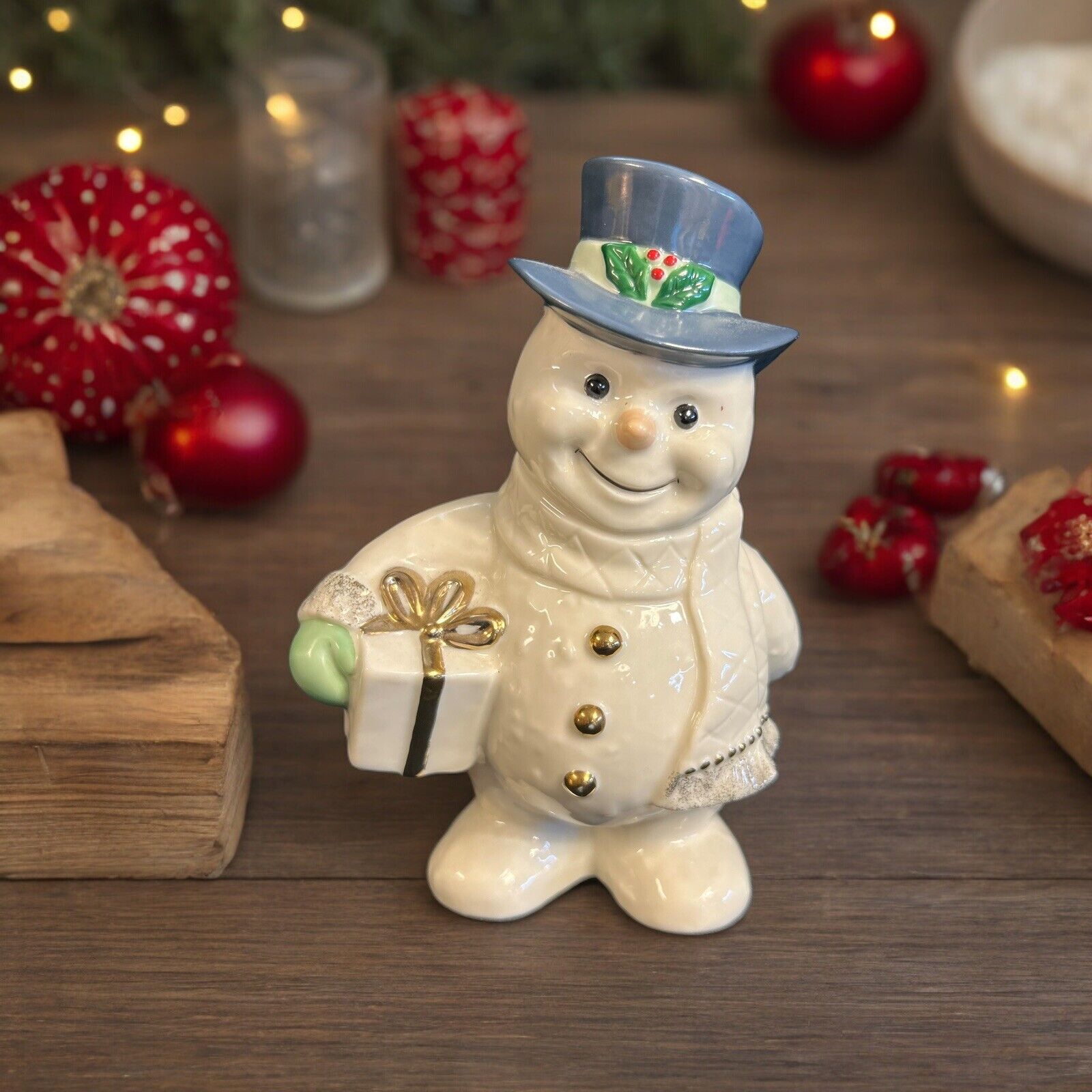 Lenox Snowman Figurine Blue Top Hat Holding a Gift Present 6” Tall