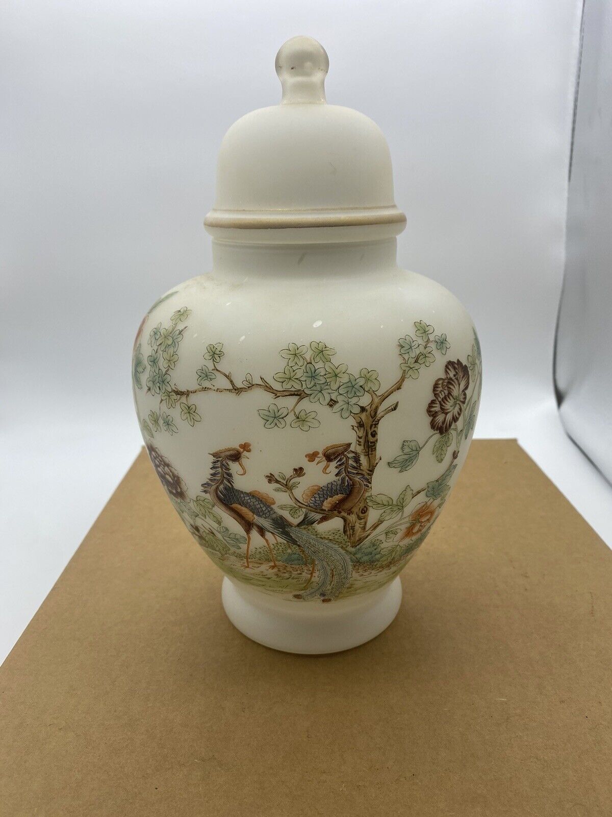 Vintage Norleans Italy Ginger Jar Satin Floral Tree Peacock