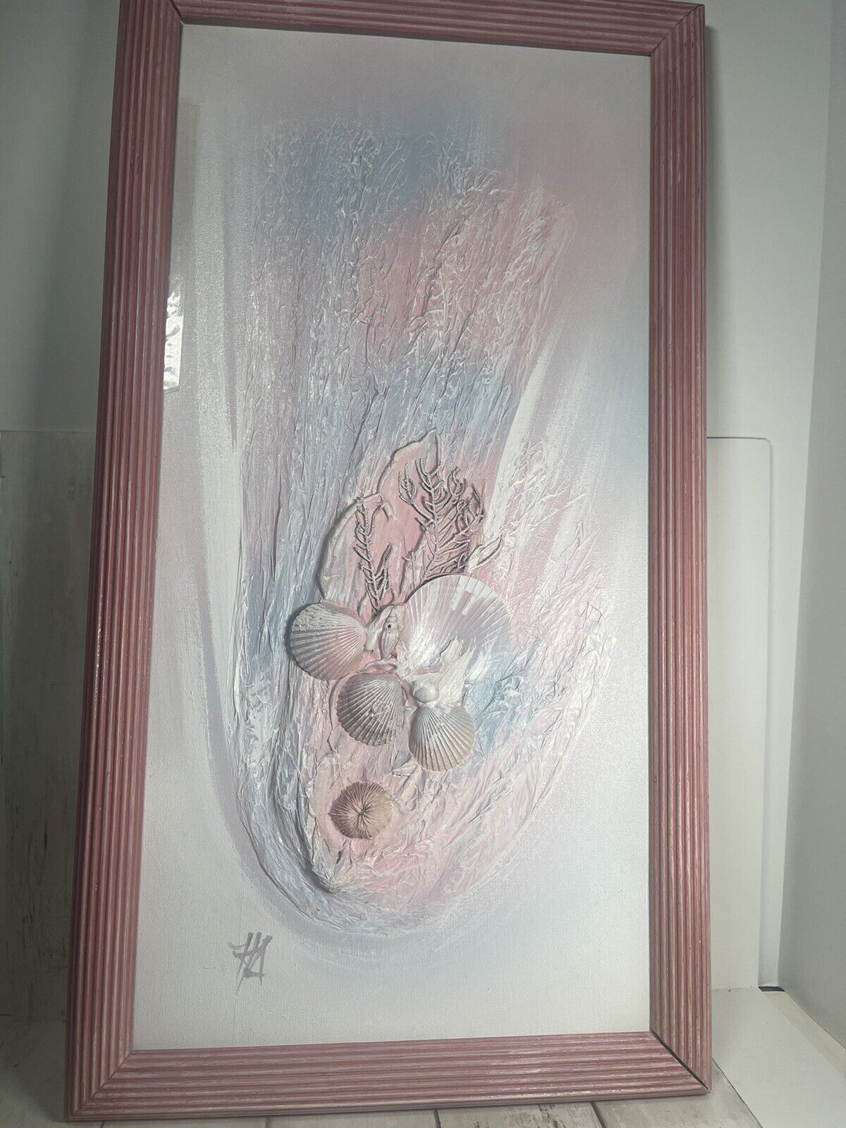 Vintage Picture Made With Sea Shells Pink Painting Wooden Frame 1990s