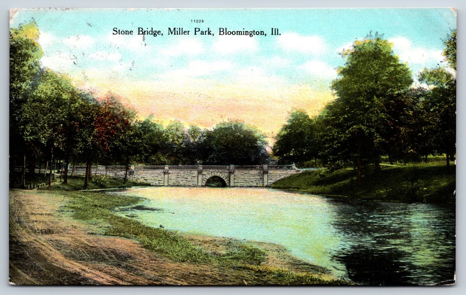 Postcard Stone Bridge, Miller Park, Bloomington Illinois Posted 1909