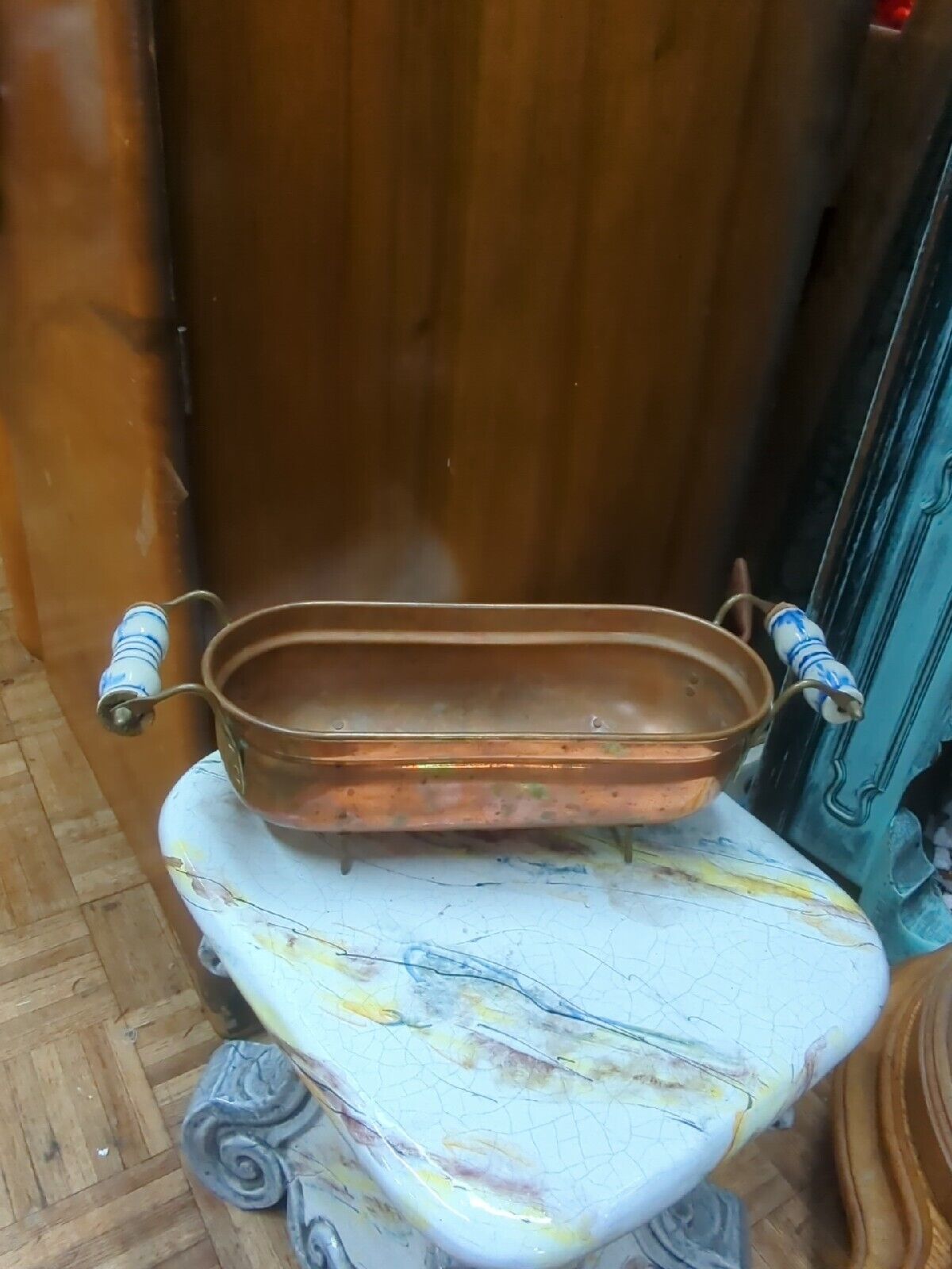 Vintage Rectangle Clew Footed French Copper Planter with Porcelain Handles 