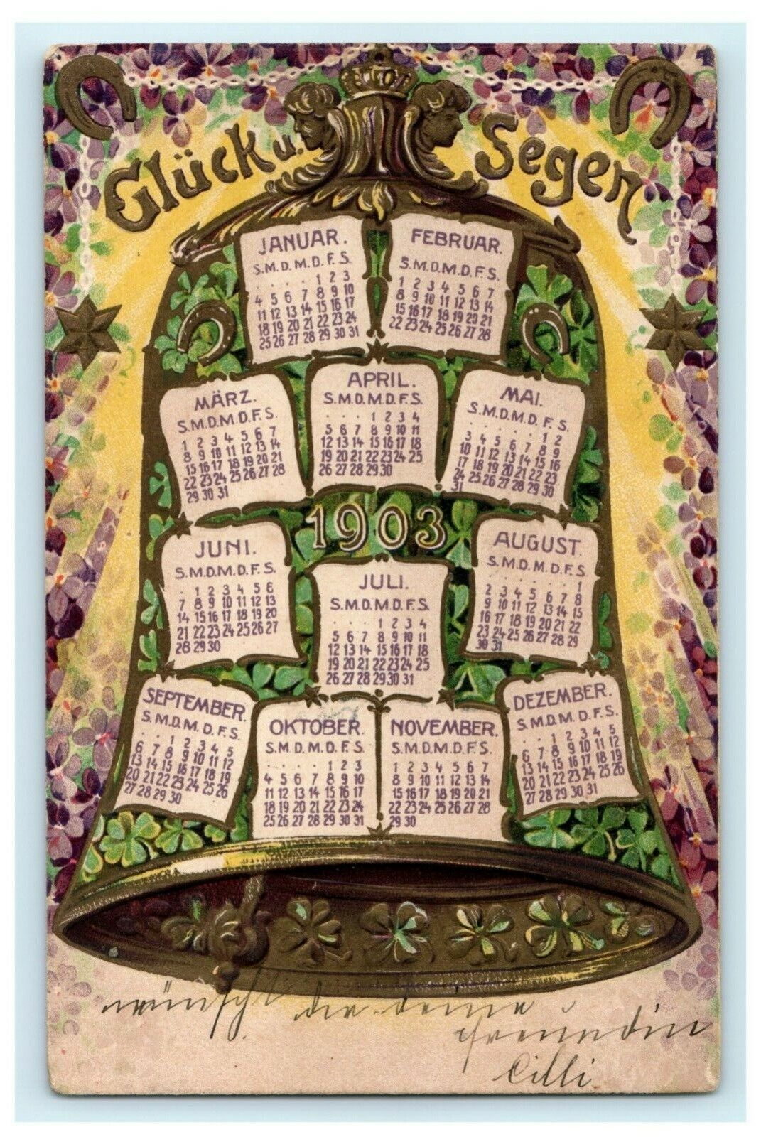 New Year 1902 Bell Germany Calendar Clover Embossed Vintage Antique Postcard