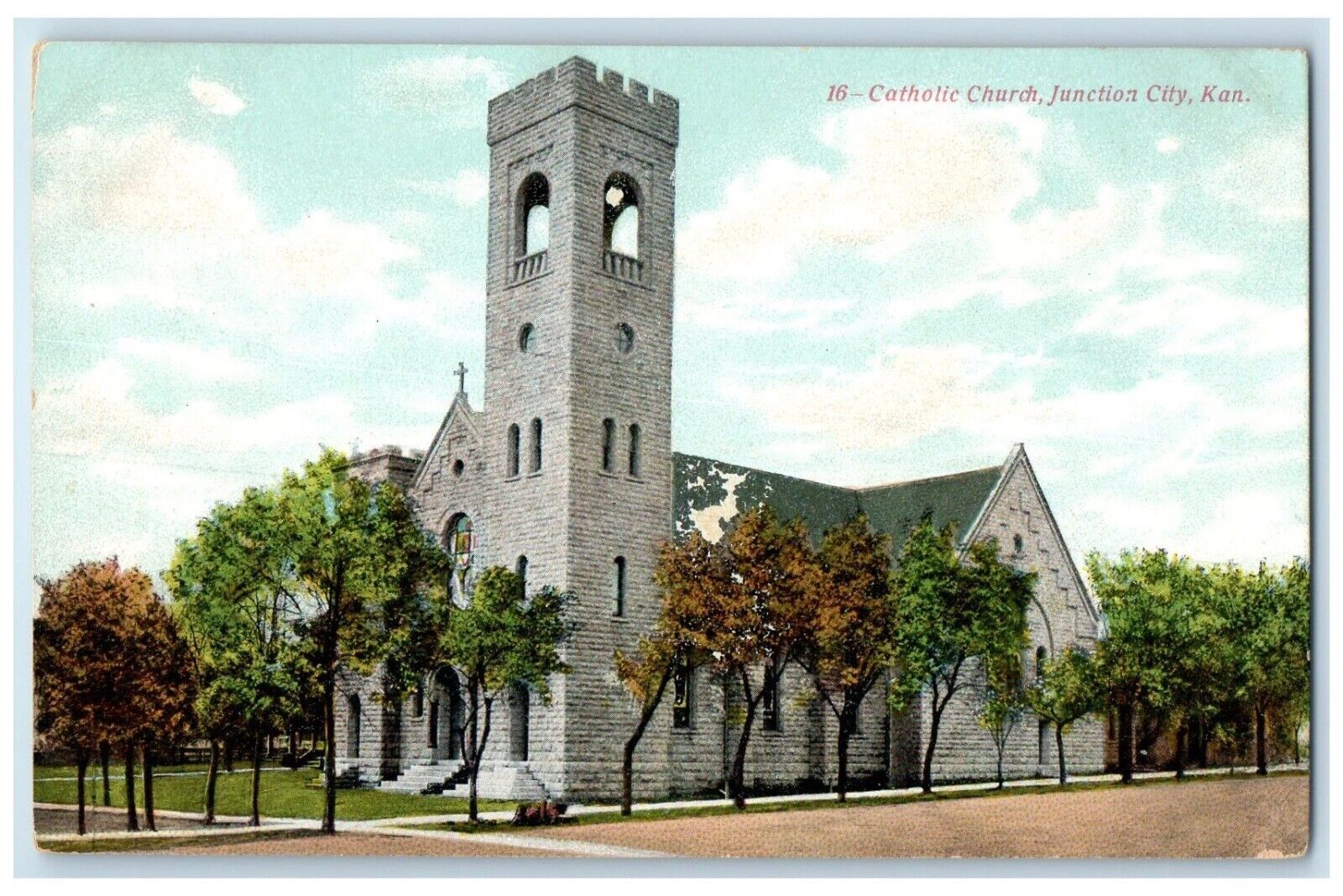 c1910's Catholic Church Scene Street Junction City Kansas KS Antique Postcard
