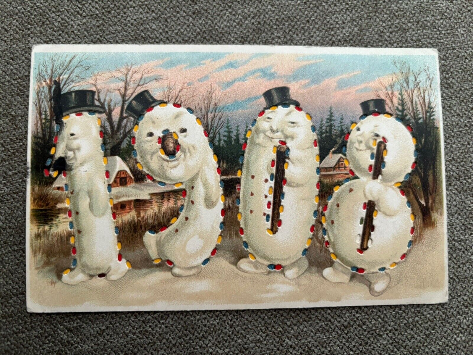 New Year 1908 Metamorphic Fantasy Snowman Numbers c1910 Postcard