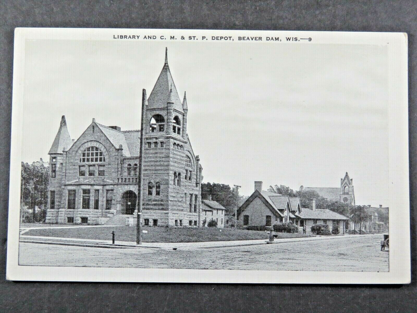 Vintage Postcard Library and C. M & St. P. Train Depot Beaver Dam WI B2538