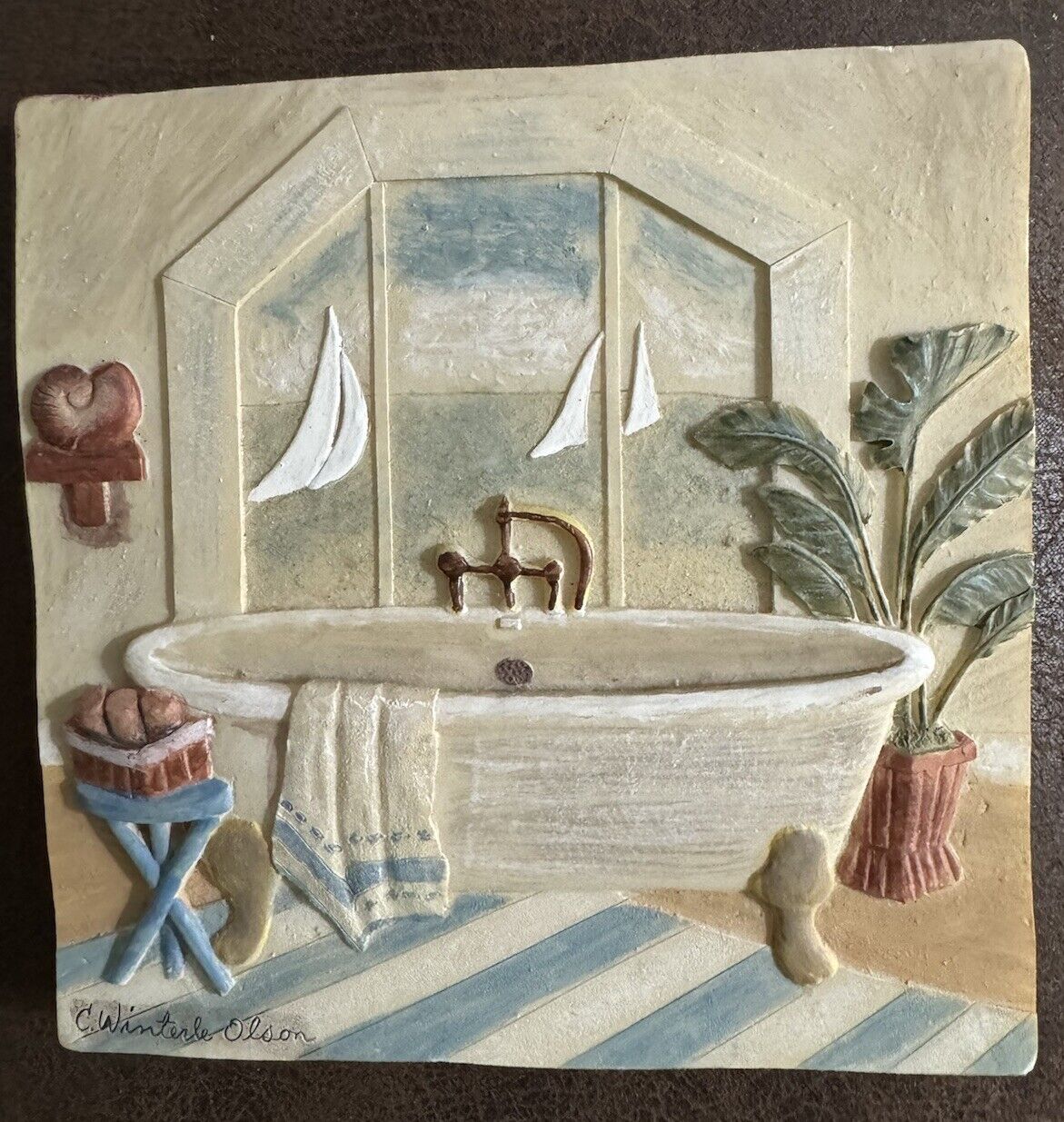 Vintage Signed C Winterle Olson 3D Clay Art Tile Claw Bathtub