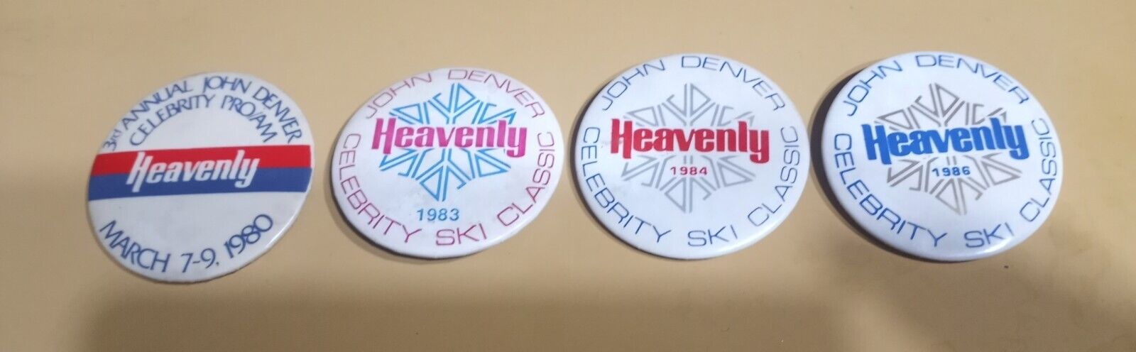 4 Vintage Heavenly Lake Tahoe John Denver Celebrity Ski Classic Pins Buttons