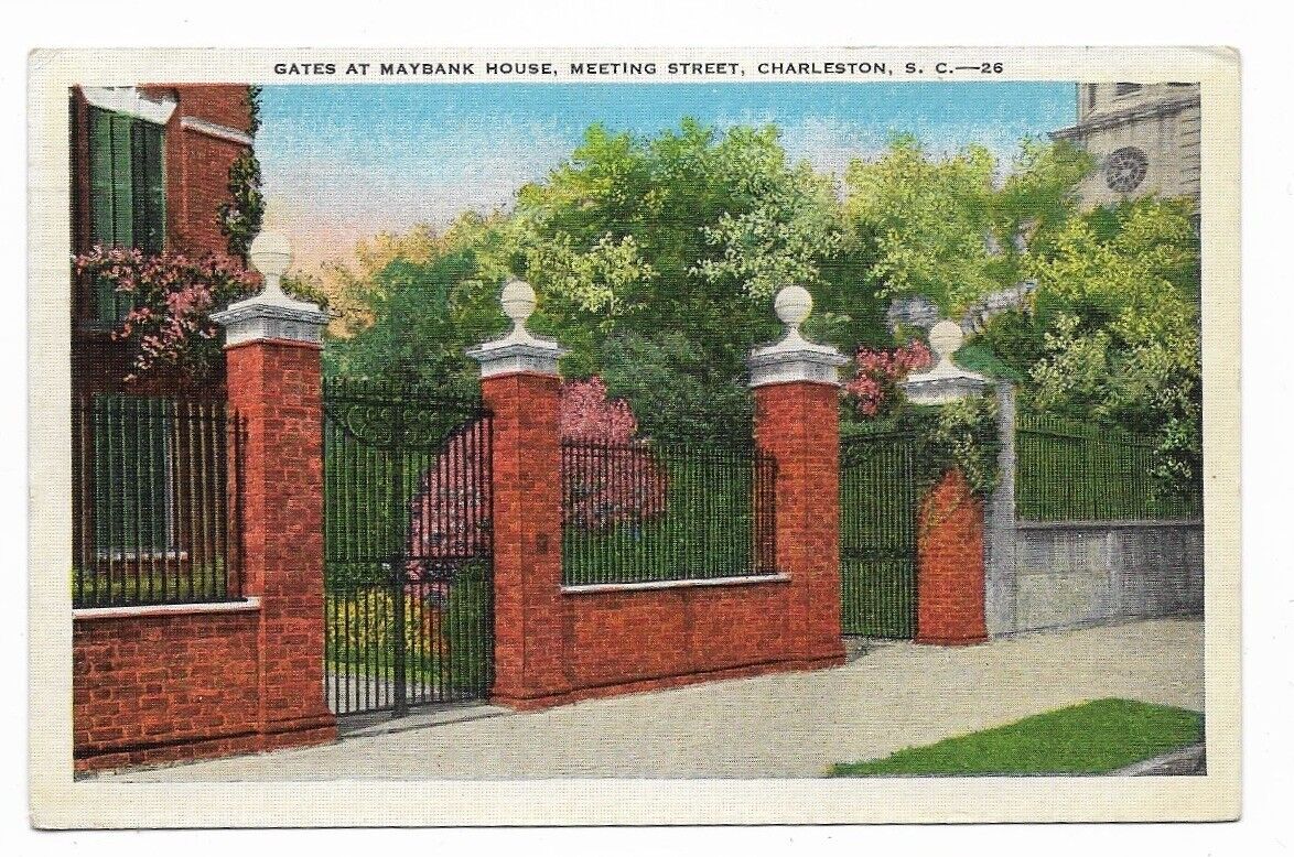 Postcard of Gates at Maybank House Meeting St. Charleston SC Vintage Posted