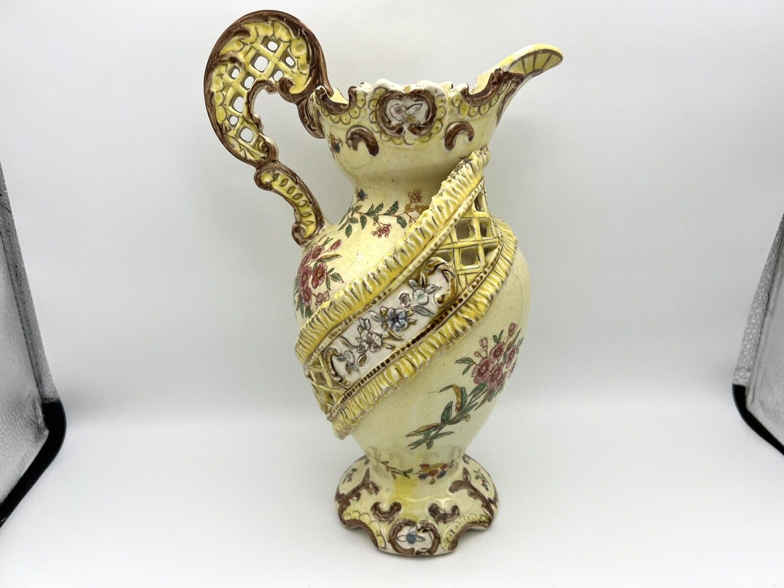 Antique Fancy Empire Porcelain Company Tall Ribbon Pitcher Distressed Condition