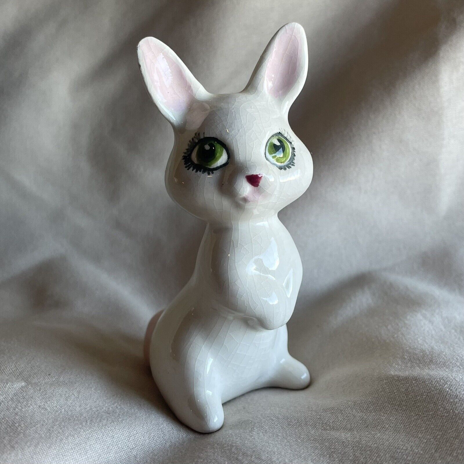 Vintage MCM Bone China Bunny with Pink Tail Figurine, 3.25”