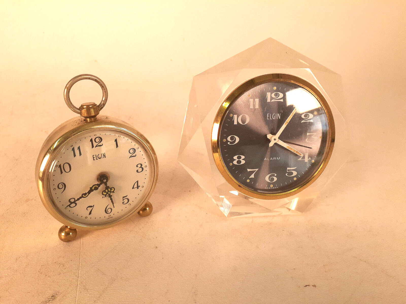 Vintage Alarm Clocks, Elgin, Lot of Two, Lucite, Chrome, Running, C-9