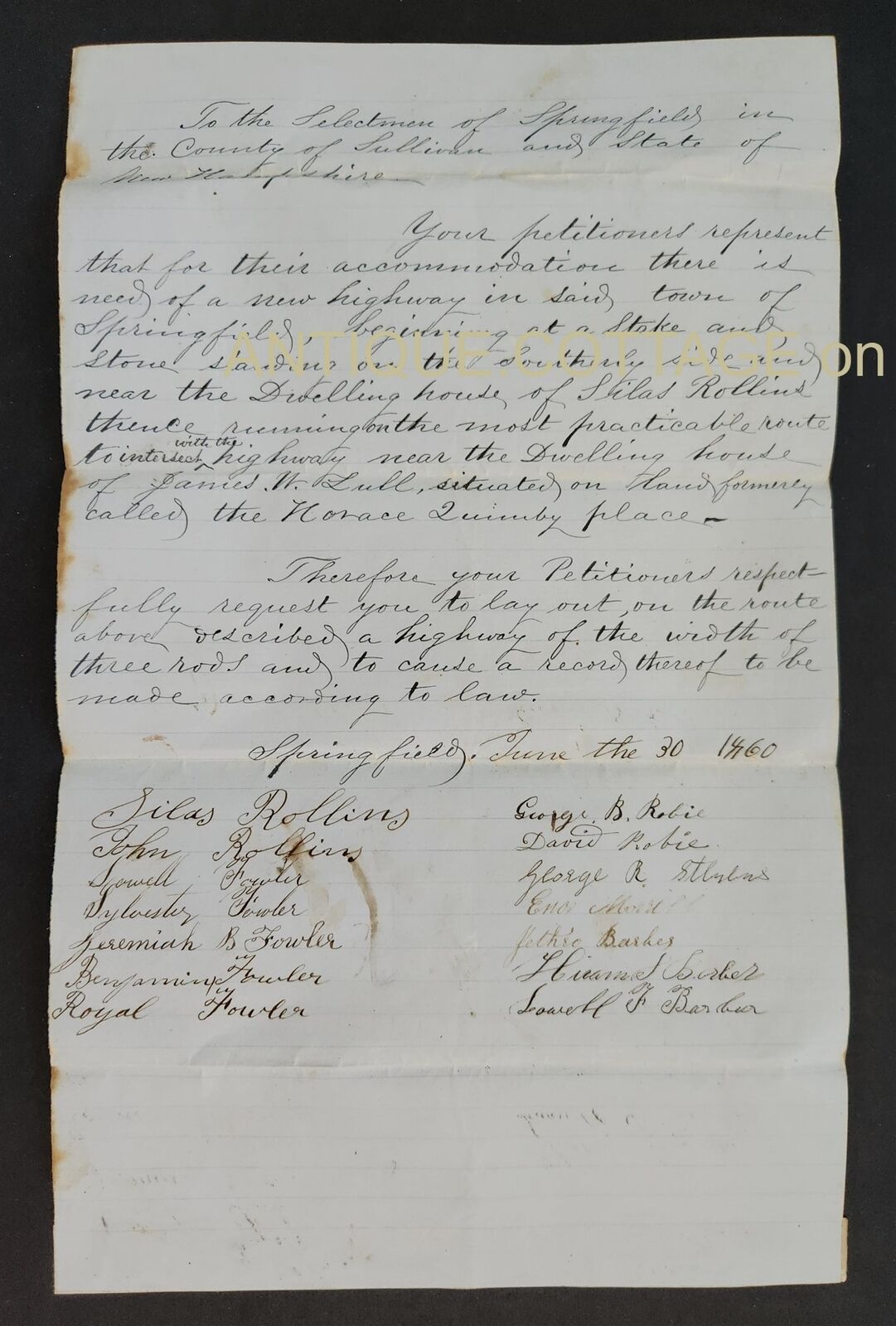 1860 antique SULLIVAN SPRINGFIELD nh PETITION for HIGHWAY lull quimby rollins