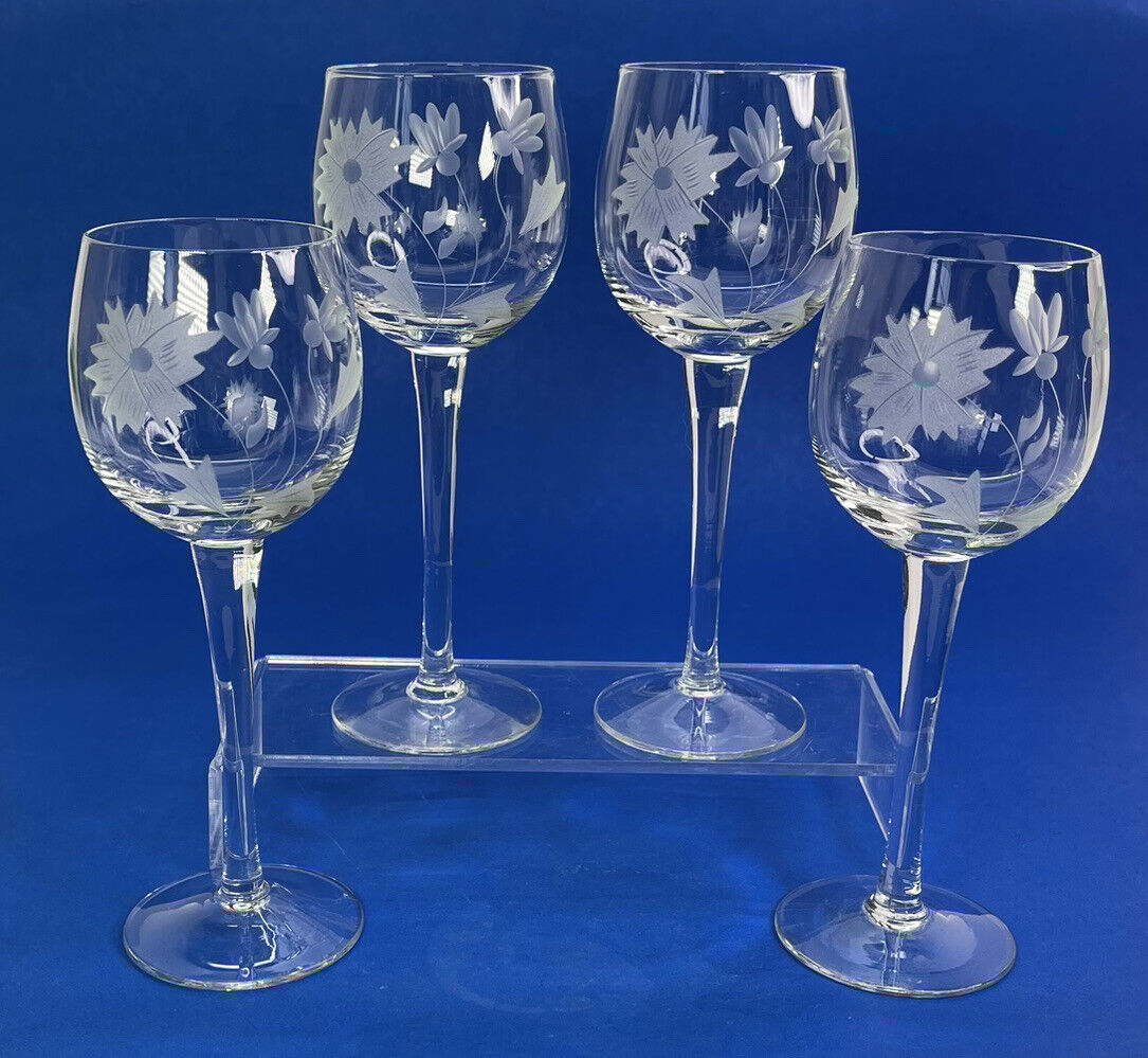 Vintage Crystal Stemware Wine Glasses Cordial with Etched Flowers set of 4