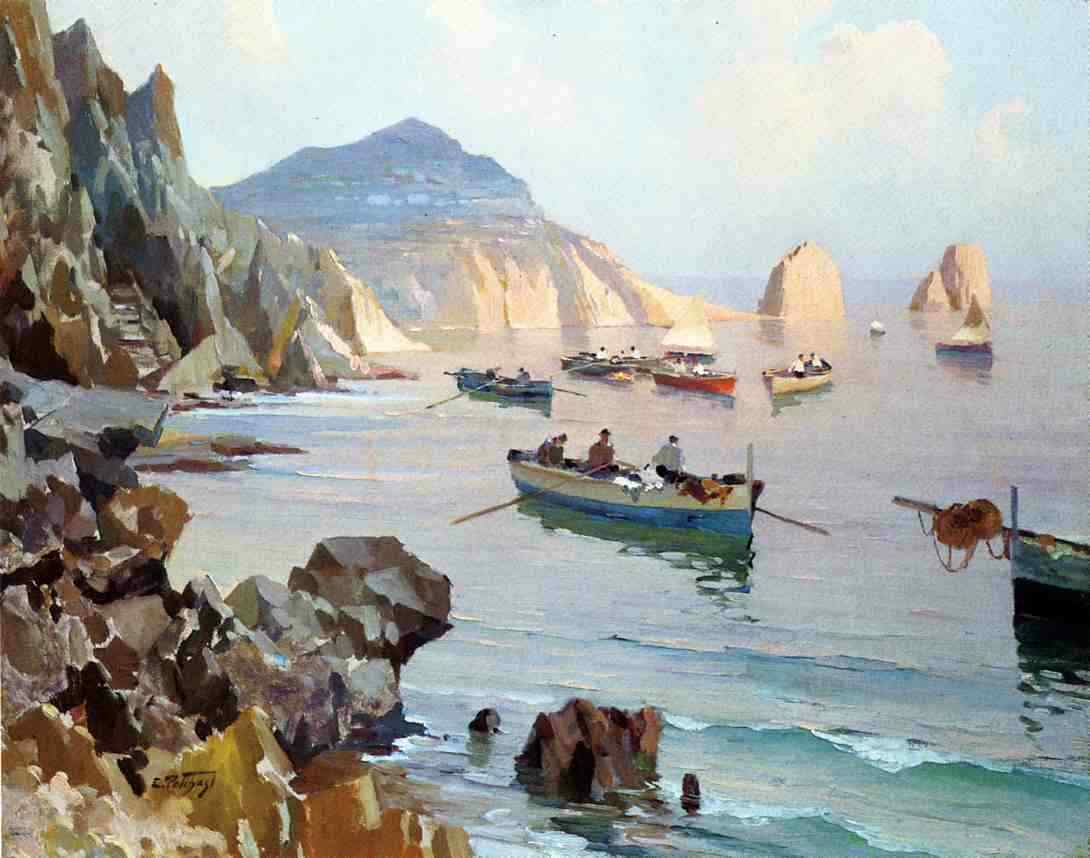 Oil painting Boats-in-a-Rocky-Cove-2-Edward-Potthast impression harbor landscape
