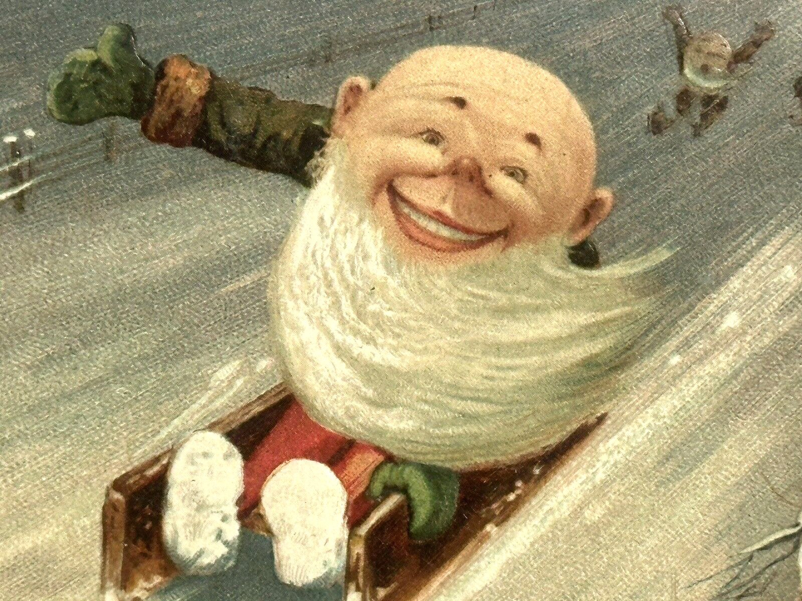 Tucks Christmas Postcard 8360 Bald Dwarf Elf Toboggans Downhill Two Follow u/s