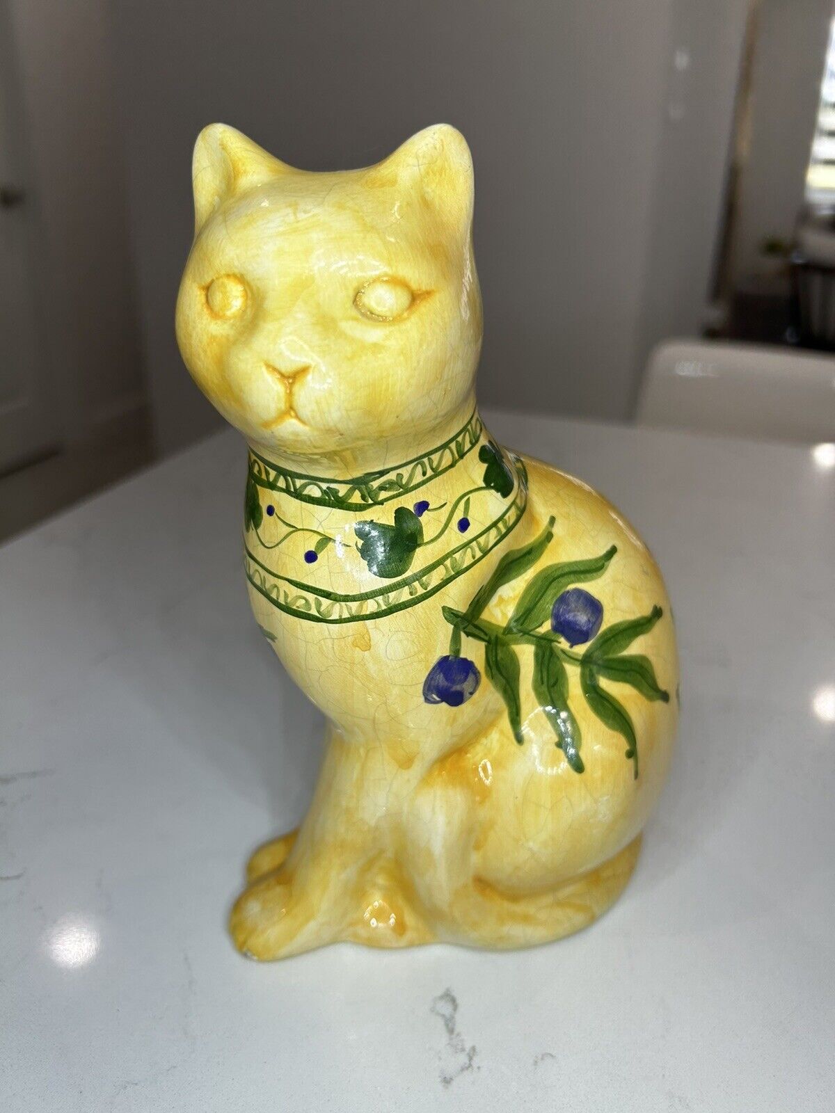Vintage Ceramic Cat Italian Pottery Yellow Crackled Glazed Siamese