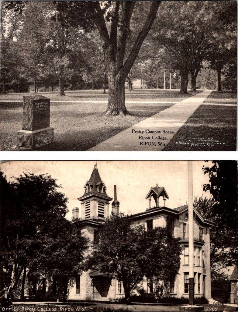 2~Postcards Ripon, WI Wisconsin RIPON COLLEGE Campus Path & Office Building