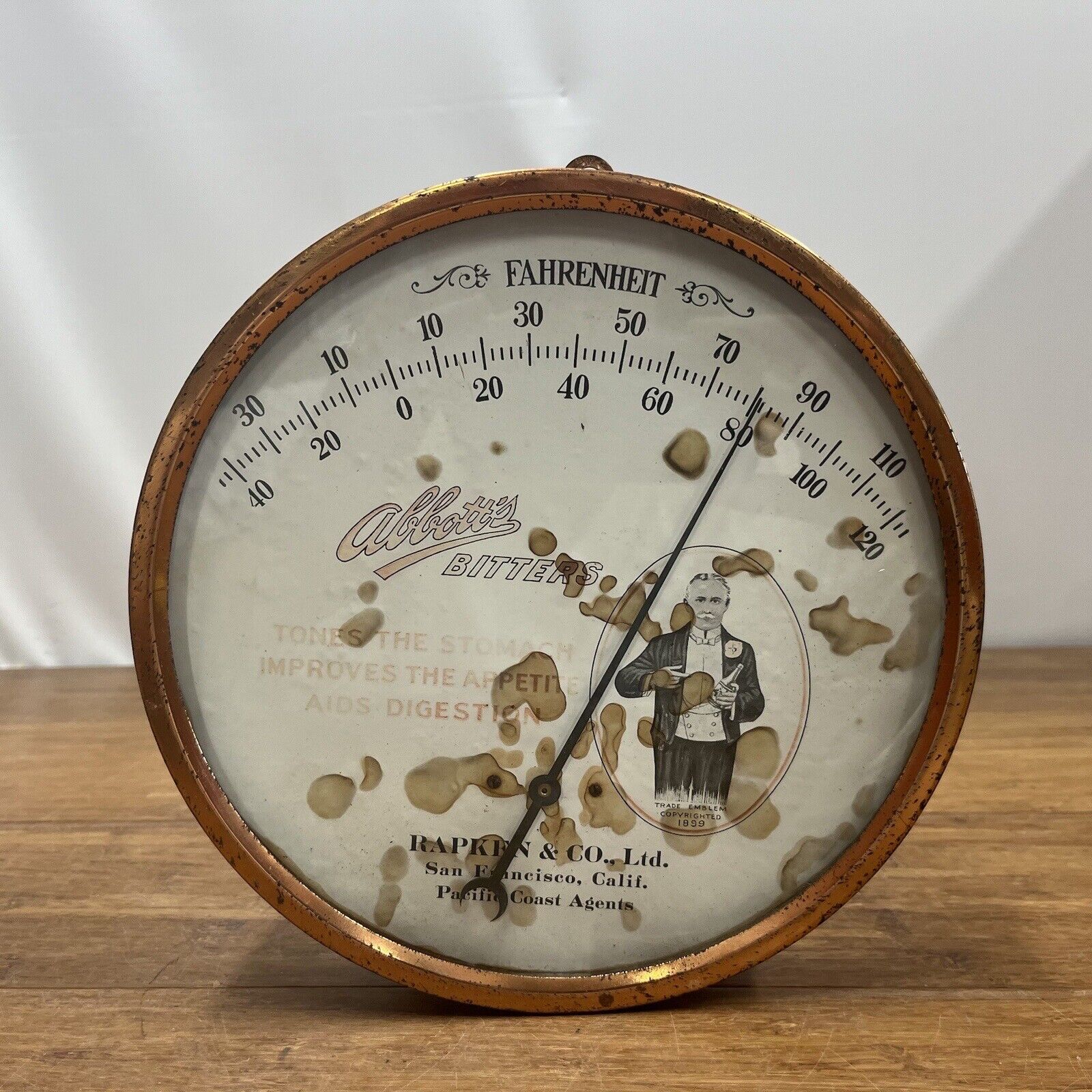 VTG Antique ABBOTTS BITTERS Thermometer Sign Tones Stomach Appetite Aids Digest