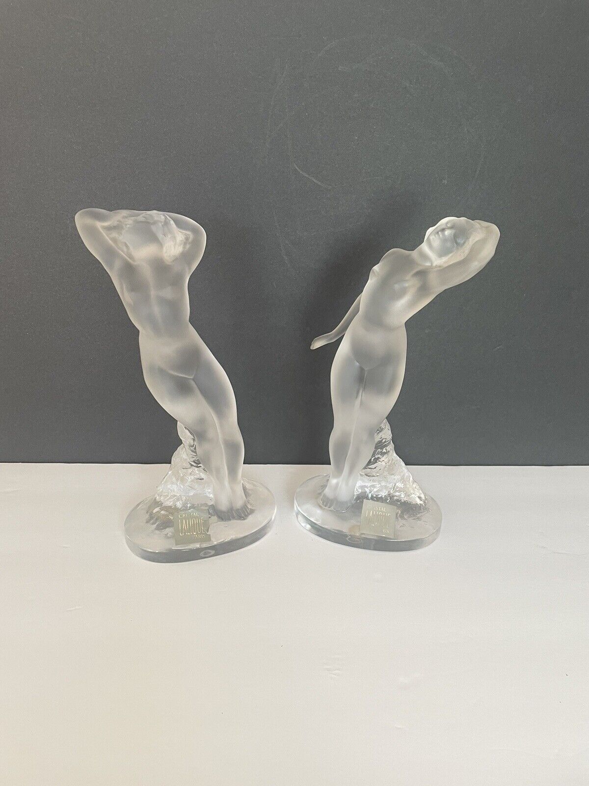 Signed Lalique Crystal, DANSEUSE Frosted Nude Female Dancer Pair Figurines