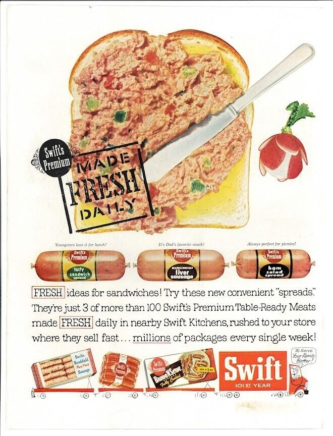 1956 Swift Premium Meats Made Fresh Daily Spread Sandwich Vintage Print Ad