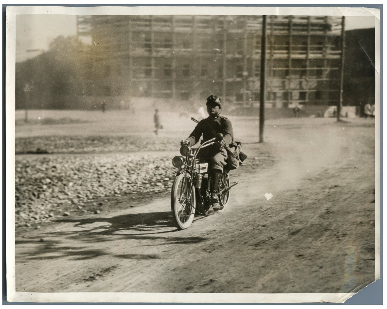 World War I - War scene from Italy, A motor cyclist vintage.  Silver print 
