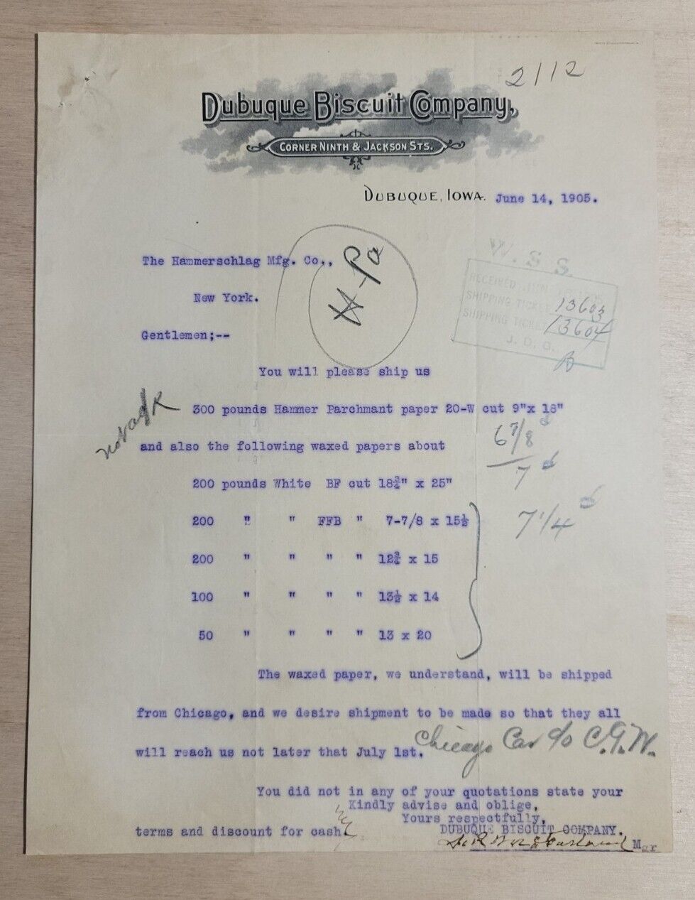 1905 Antique Document, Dubuque Biscuit Company. Dubuque, Iowa. Signed