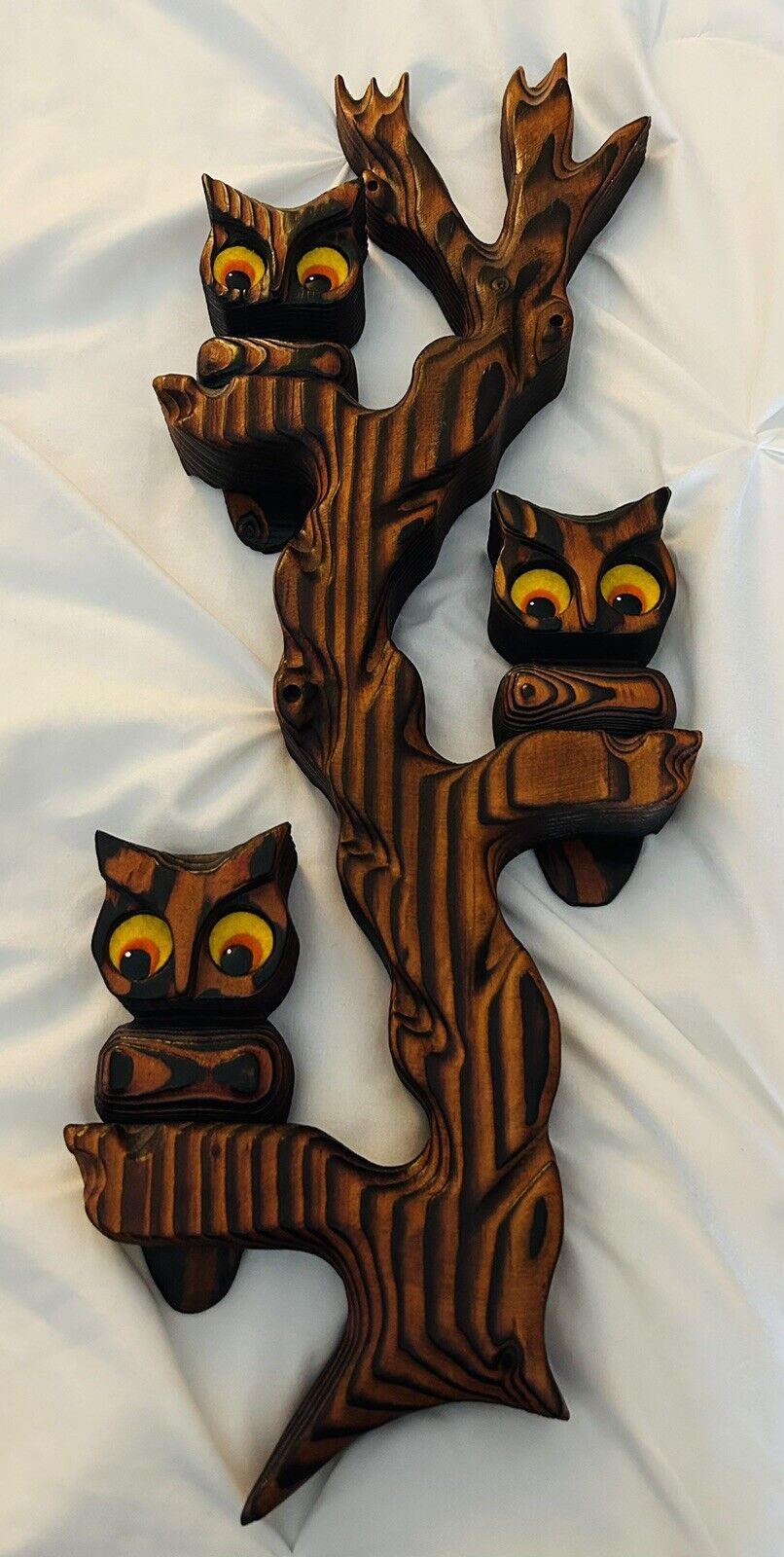 Vintage Carved Burned Wood 3 Owls on a Tree Branch Retro Wall Art Boho 20” X 8”