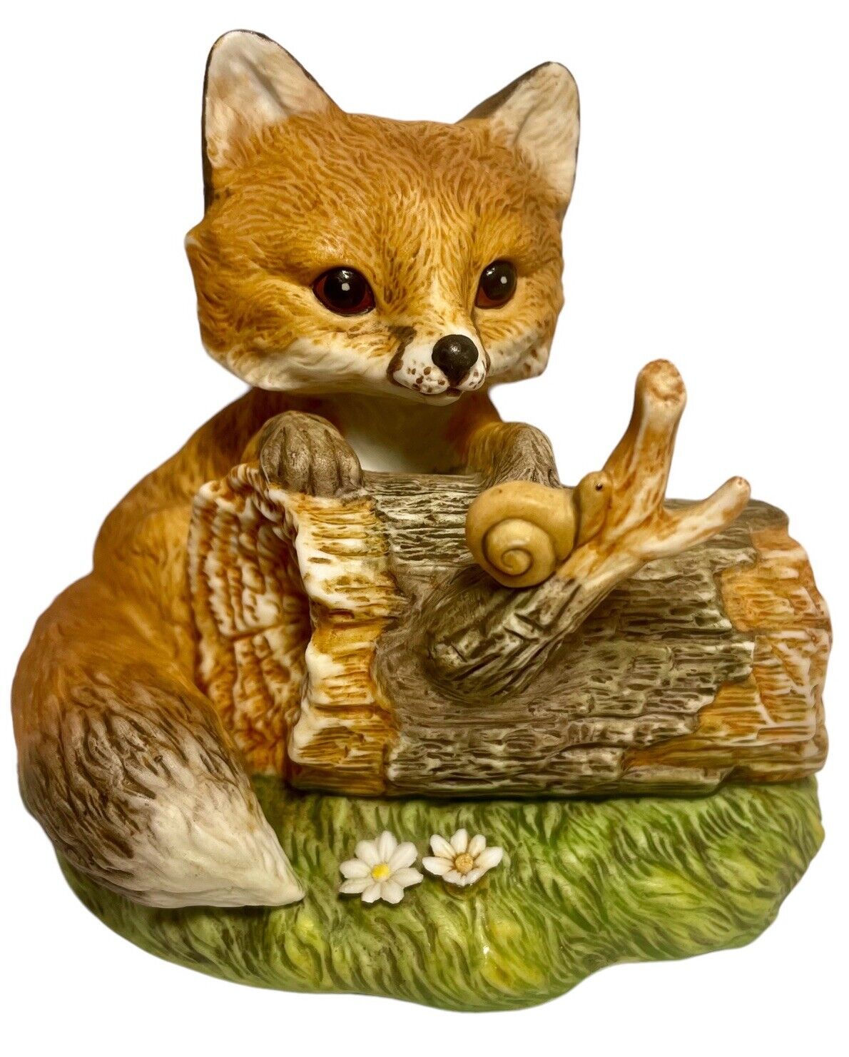 Homco 1986 Masterpiece Porcelain Figurine Baby Fox on Log With Snail Flowers VTG