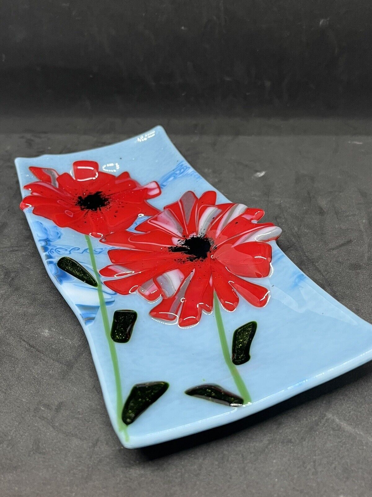 Red Poppies 16; Fused Glass Art Glass Spoon Rest Original Handmade