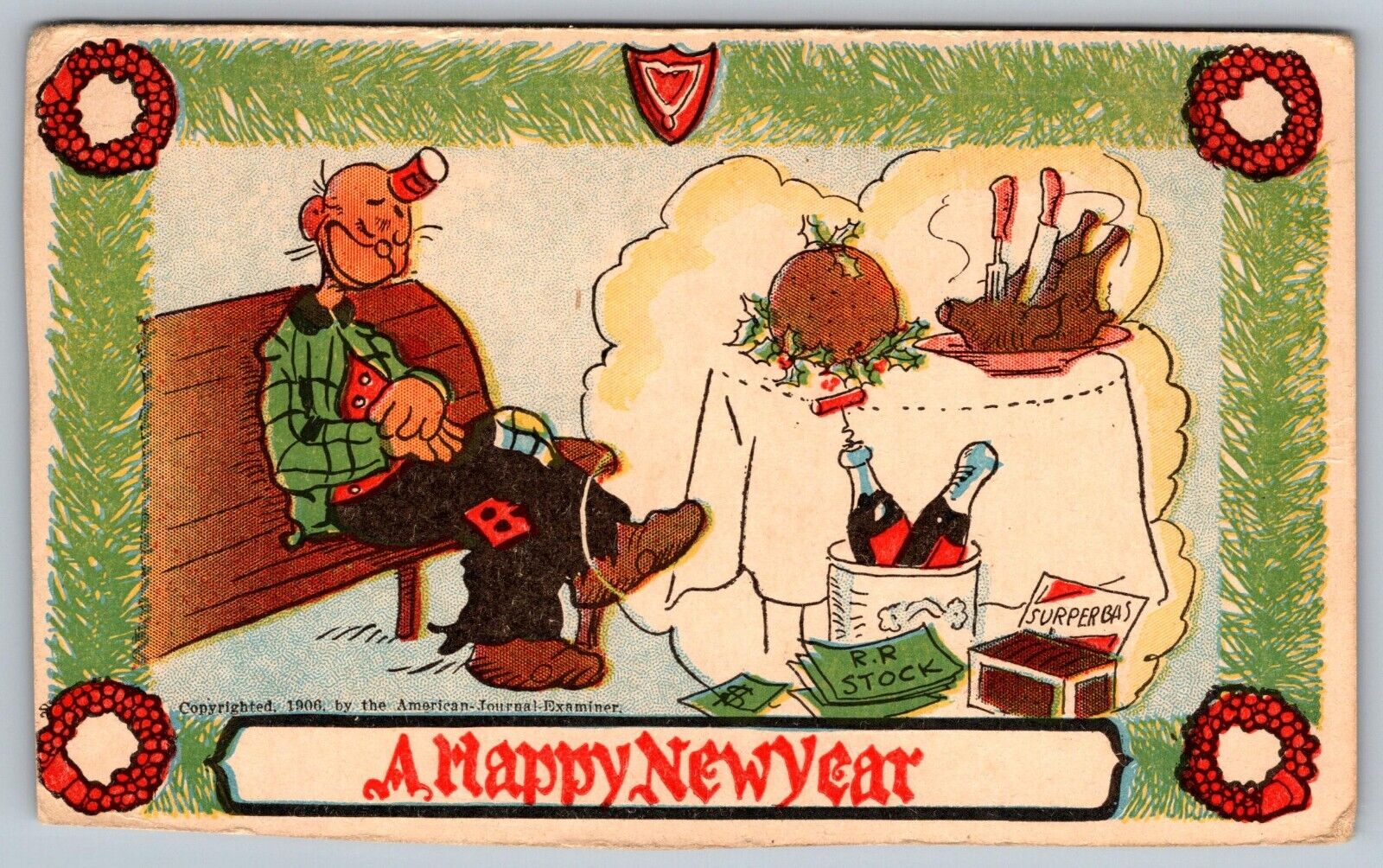 1906 Happy New Year American Journal Examiner Dreaming of Fancy Meal Postcard J8