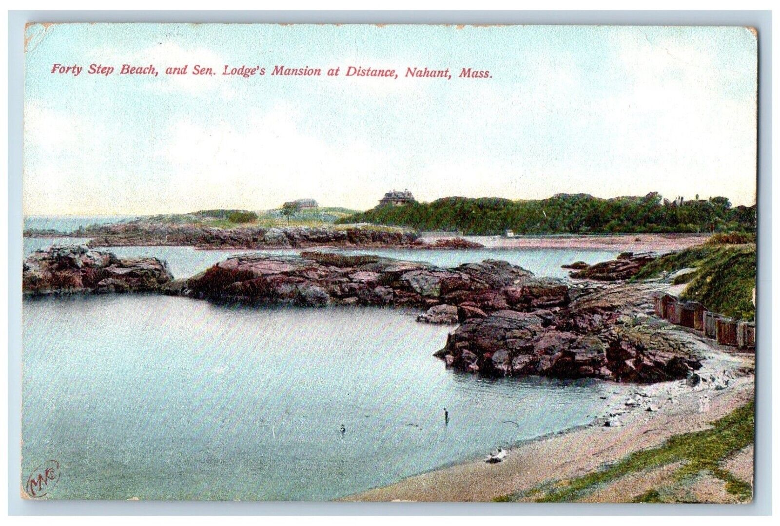 Nahant Massachusetts Postcard Forty Step Beach Sen Lodge Mansion Distance c1910