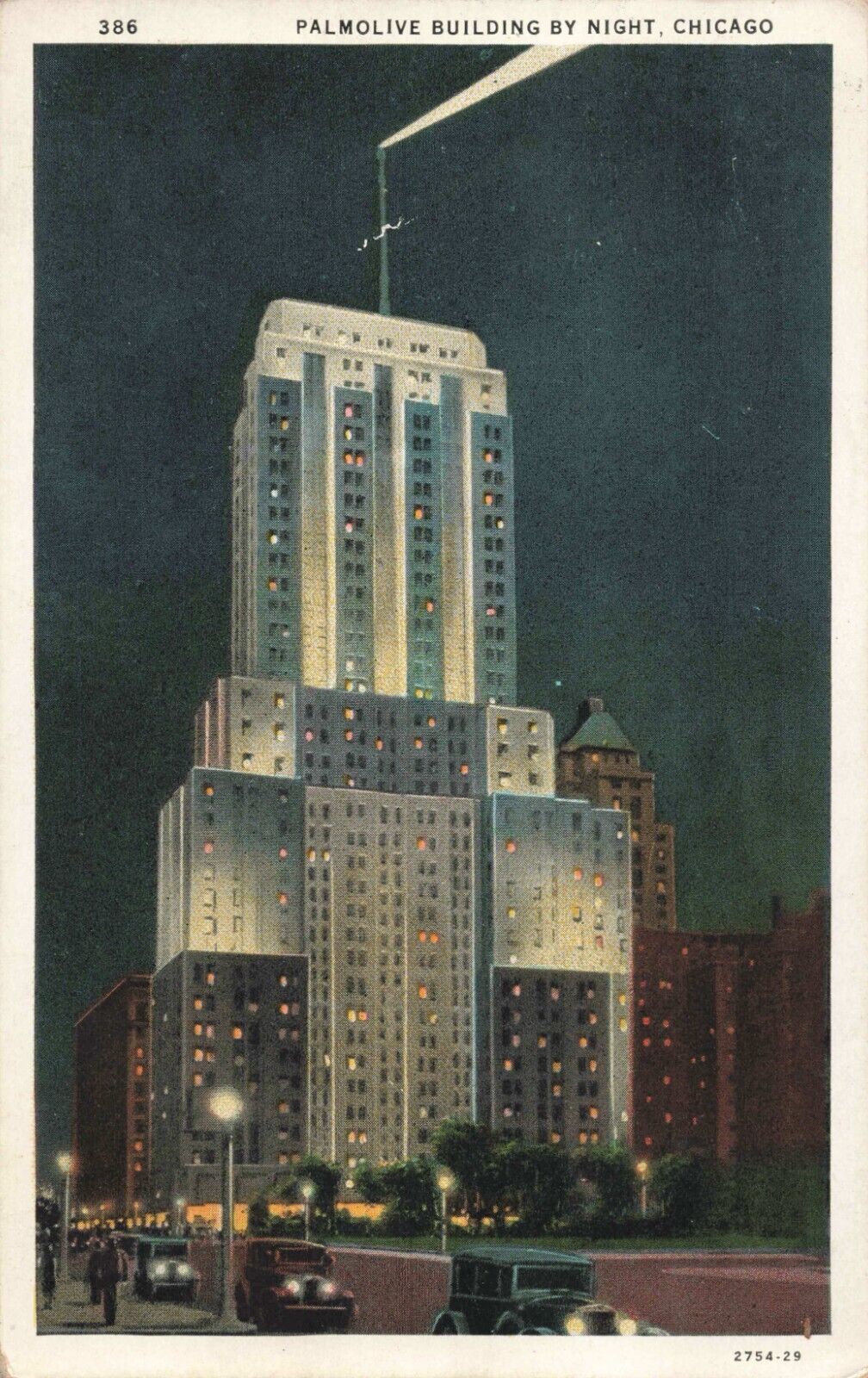 Chicago IL Illinois, Palmolive Building at Night, Old Cars, Vintage Postcard
