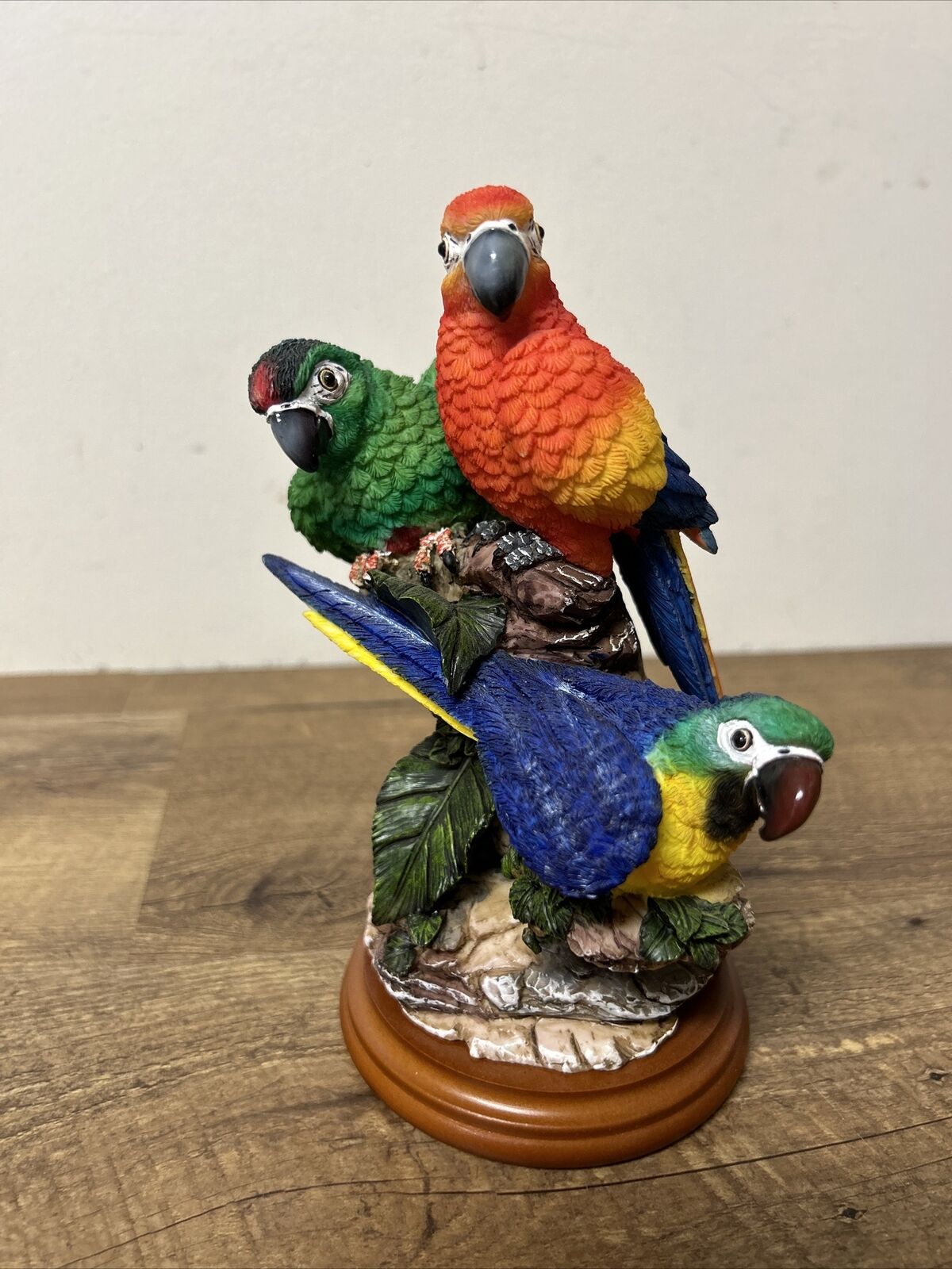 Vintage Lifelike Resin Parrots (Red & Blue & Green Macaw)  On Branch Statue 7”