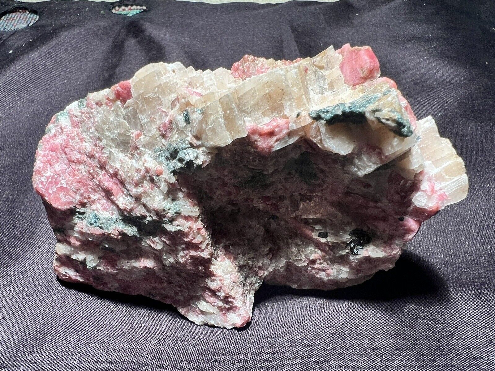 Rhodonite, Calcite, Fluorapatite, Willemite and Franklinite, Franklin, NJ