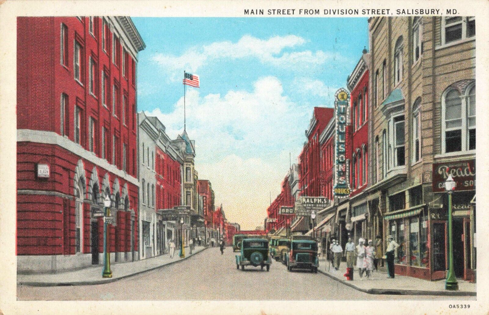 Main Street from Division Salisbury Maryland MD Toulson\'s Drug Store c1930 PC