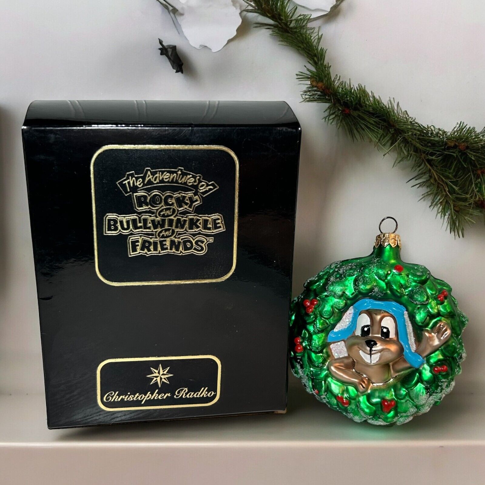 Christopher Radko 1997 Rocky and Bullwinkle Christmas Ornament Rocky\'s Wreath